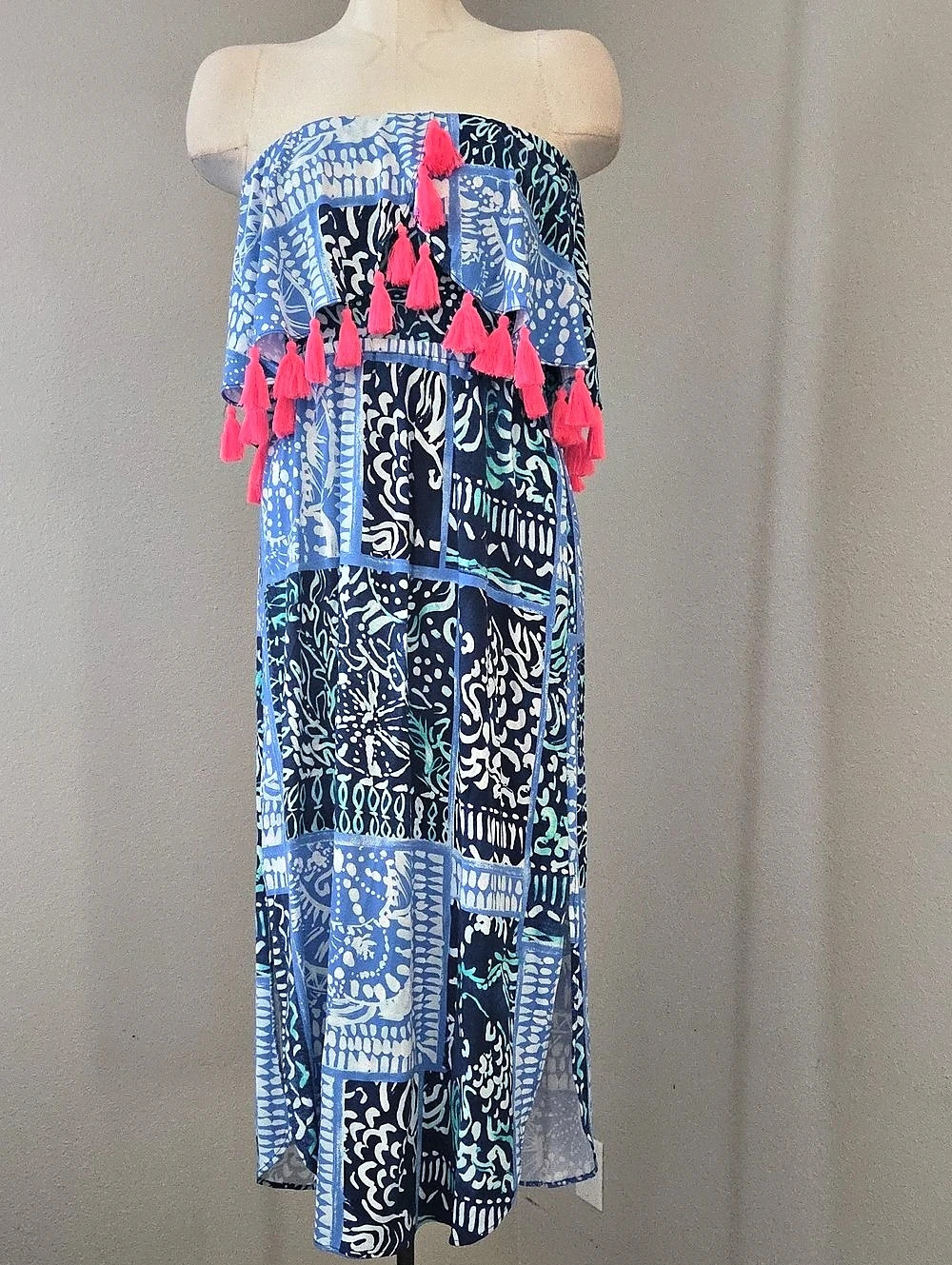 Lilly Pulitzer Meridian Strapless Tassel Midi Dress in Deep Indigo Leied print